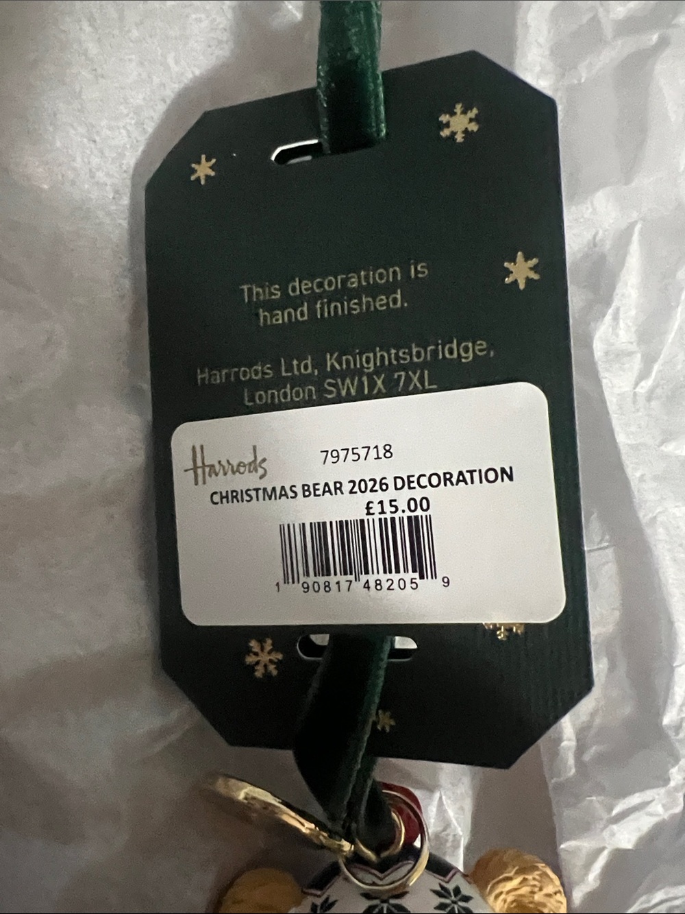 Harrods 2026 Christmas Bear Decoration in Red, Green & Gold Holiday Charm - Picture 6 of 6